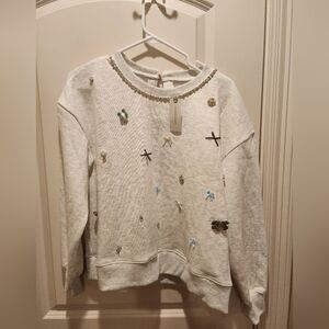 Anthropologie Gray Embellished Crew Neck Sweater